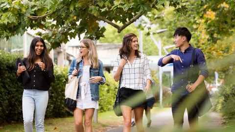 a group of four students walking and chatting through university campus